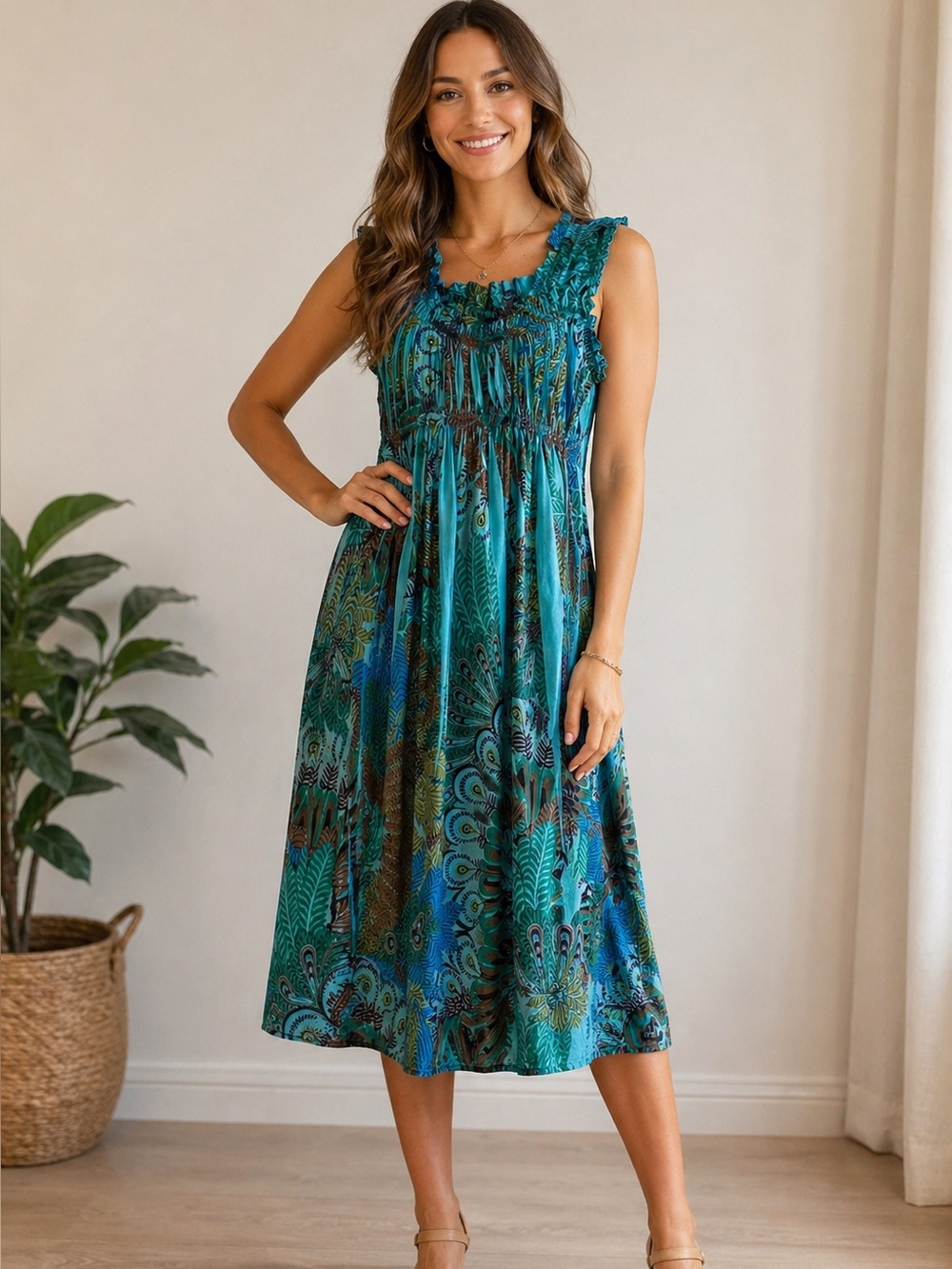 Unity turquoise A-line midi dress w/a peacock floral print & smocked bodice